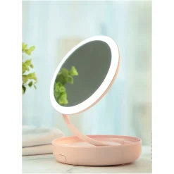 Specchio Rosa Da Tavolo Girevole A 360° Con Led